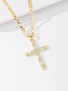 1pc Classic European Style Copper Inlaid Zirconia Cross Pendant Necklace, Limited Edition "Light Of The Guardian", Suitable For Christmas, Thanksgiving, Halloween, Mother's Day, Valentine's Day, Friends, Church Members, First Holy Communion, Gift, Daily Wear And Prayer - Yellow Gold - View 4