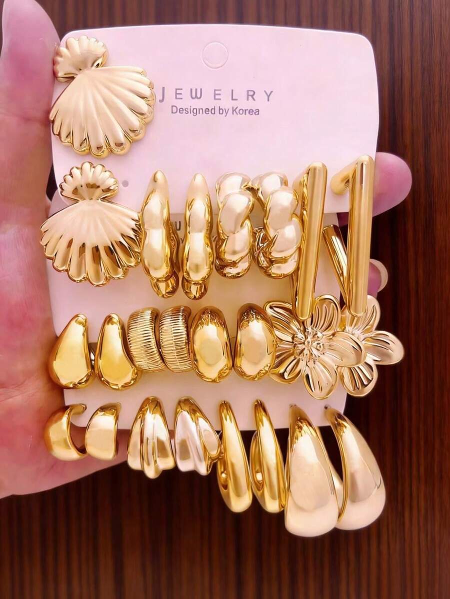 8-24件套欧美风金色螺旋花瓣耳环套装，适合情人节、母亲节礼物及日常佩戴 - 金色 - 查看 1