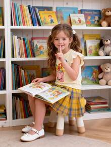 2pcs Girls Floral Print Vest Top And Plaid Elastic Waist Pleated Skirt Set, Showcasing Sweet And Collegiate Style, Suitable For Spring/Summer Outdoor Activities - Yellow - View 10