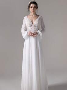 A-Line Floor-Length Lace Chiffon Wedding Dress – Elegant Bridal Gown For Weddings, Christmas Celebrations, Halloween Events, Prom Nights & Birthday Occasions - 白色 - 查看 3