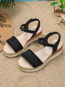 1 đôi sandal cao gót mùa hè cho bé gái, kiểu dáng thời trang, chất liệu dệt kim, màu trơn, thoải mái, đa năng, phù hợp cho kỳ nghỉ hè và sử dụng hàng ngày của bé gái, sandal đế xuồng. - màu đen - Xem 3