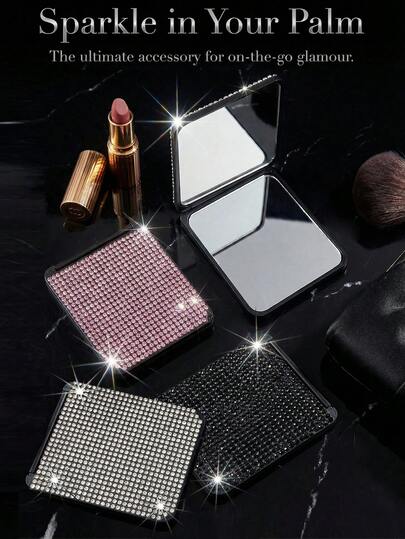 1pc Starry Sparkle Compact Makeup Mirror, New Luxury Rhinestone Studded Glamorous Shiny Diamond Portable Double-Sided Folding Lipstick Mirror, Suitable For Makeup Touch-Ups On The Go, Sparkling Crystal Portable Folding Compact Square Mirror With Embedded Diamonds, Foldable High-Definition Double-Sided Pocket Mirror, Available In Multiple Diamond Styles, Suitable As Valentine's Day Or Mother's Day Gift