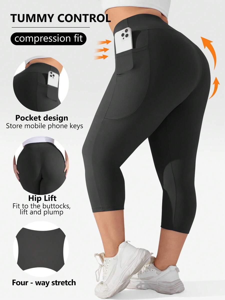 女款大尺碼七分緊身褲 高腰收腹彈性瑜伽運動褲 (XL-5X) - 黑色 Spandex 彈性運動褲