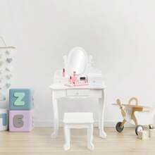 Set de Tocador Infantil de Madera con Espejo y Taburete, Juego de Maquillaje de Princesa con Cajones, Juguete de Simulación para Niñas y Decoración de Habitación, Regalo de Cumpleaños - Rosa - Ver 6