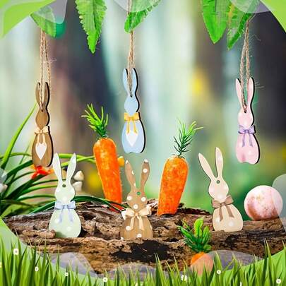 6pcs Compact Size Rabbit Shaped Hooks With Pre-Tied Ropes, Practical For Indoor And Outdoor Use. Can Be Hung On Trees, Gazebos Or Balcony Rails As Holiday Outdoor Decor, Also Suitable As Gift Tags