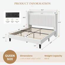 SHA CERLIN Full/Queen/King Size Velvet Bed Frame With USB Charging Station, Wingback Storage Headboard, Upholstered Platform Bed With Wooden Slats Support, No Box Spring Needed, Easy Assembly, White - 查看 9