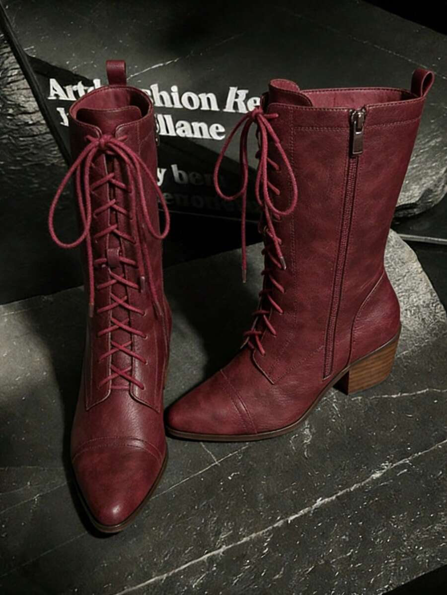 Women's Easter Leather Burgundy Mid Calf Boots Lace Up Chunky Heel Vintage Combat Heeled Dress Casual Boots Country Concert Combat Boots For Women - Màu Đỏ Sâu - Xem 1