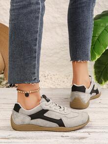 Women's Casual Sneakers, New Flat Loafers, Versatile, Fashionable, Comfortable, Lightweight, Lace-Up, Breathable Round Toe Trainers - Light Grey - View 3