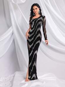 QOQ Damen Strass Meerjungfrau-Abendkleid mit hohem Seitenschlitz, rückenfrei, elegant, für Abschlussball, Hochzeitsgast, Bankett, Schönheitswettbewerb, Cocktail, Geburtstag - Schwarz - Übersicht 7