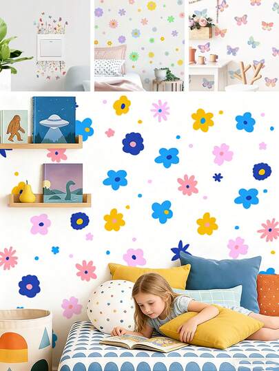 1/3/4 Sheets Cute Baby Girl Nursery Wall Stickers, Removable Flower Butterfly Wall Decals For Kids Room Decor, Colorful Cartoon Vinyl Wall Art For Bedroom, Playroom, Easy To Apply