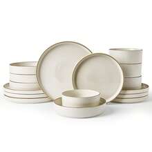 Azal Stoneware Dinnerware Sets, 16 Piece Dish Set With Pasta Bowl - White - View 1