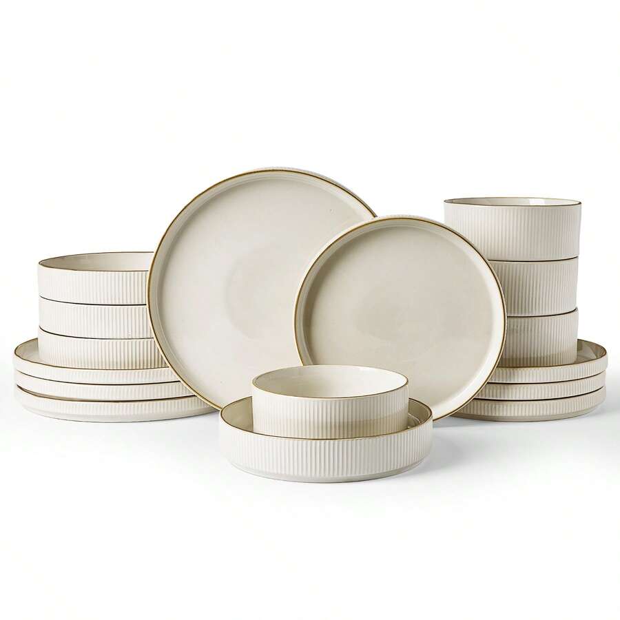 Azal Stoneware Dinnerware Sets, 16 Piece Dish Set With Pasta Bowl - White - View 1