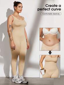 1pc Women Seamless Waist Cincher Jumpsuit, Plus Size Shapewear - Apricot - View 4