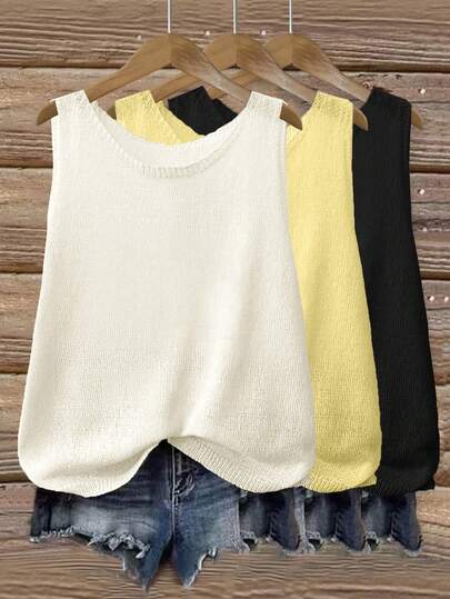 Ensemble de 3 pièces : débardeur sans manches à col rond, couleur unie, semi-transparent, en maille confortable et à la mode, idéal pour le printemps/été.