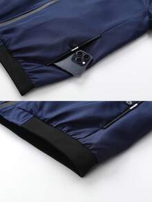 Men's Stand Collar Zip-Up Baseball Jacket, Bomber Jacket - Navy Blue - View 5