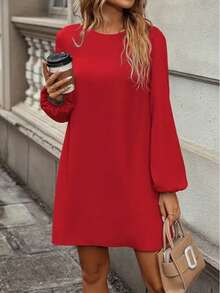 Women's Long-Sleeved Round-Neck Mini Imported Crepe Dress , 30375 - Red - View 3
