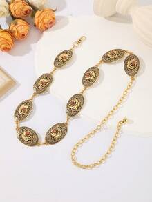 Vintage Gold Rose Waist Chain, Retro Oval Floral Waist Belt With Red Rhinestones, Adjustable Gothic Style Body Jewelry, Fashion Party Dress Accessory 2026 - Ancient Gold - View 12