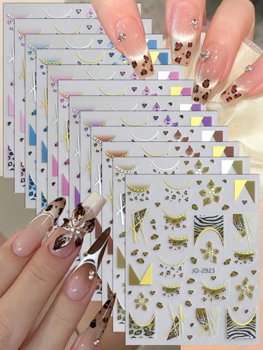 3/6pcs Leopard Print Gold Foil Nail Stickers, Y2K Style Animal Print & Geometric Nail Art Stickers Suitable For French Manicure - Multicolor - View 1