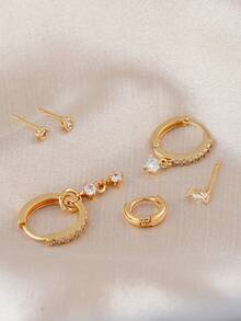 Set de 6 piezas de aretes minimalistas dorados, aretes colgantes y de botón con CZ brillantes para uso diario de mujeres - Amarillo Oro - Ver 5