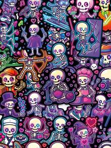 50张可爱霓虹骷髅涂鸦贴纸 - 色彩鲜艳的涂鸦、爱心和职业人物图案，防水乙烯基材质，可用于水瓶、笔记本电脑和滑板个性化装饰 - 彩色 - 查看 1