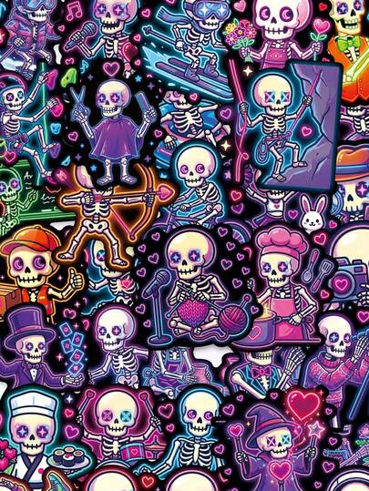 50张可爱霓虹骷髅涂鸦贴纸 - 色彩鲜艳的涂鸦、爱心和职业人物图案，防水乙烯基材质，可用于水瓶、笔记本电脑和滑板个性化装饰