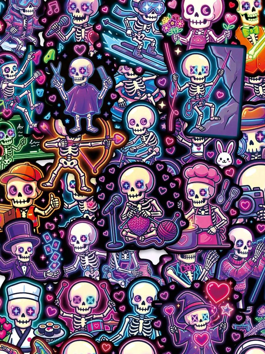 50张可爱霓虹骷髅涂鸦贴纸 - 色彩鲜艳的涂鸦、爱心和职业人物图案，防水乙烯基材质，可用于水瓶、笔记本电脑和滑板个性化装饰 - 彩色 - 查看 1