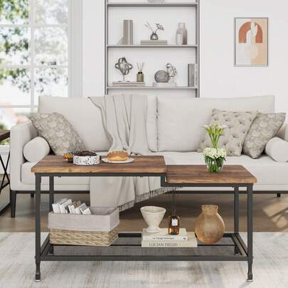 Hodeffior 2-Tier Rectangle Coffee Table With Adjustable Feet, Waterproof & Wear Resistant Sofa Table With Storage Shelf, Wood & Metal Table For Living Room, 100x50x48cm