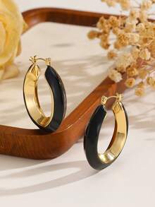 1 par de pendientes de aro en forma de C de acero inoxidable para mujeres - Pendientes de acero inoxidable con forma de C y gotas de aceite - Ver 9