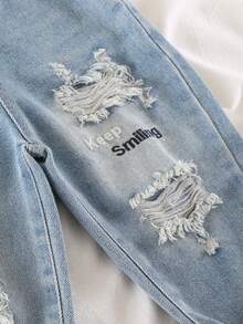 Quần jean denim dáng rộng, in họa tiết rách rưới dành cho bé trai, thích hợp cho mặc thường ngày, đi học, dã ngoại, mùa xuân. - Màu xanh nhạt - Xem 8