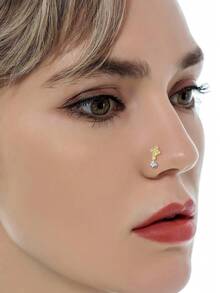 12 piezas Anillos de nariz en forma de L, con diseños de serpiente, mariposa, flor, luna y colgantes con circonita cúbica, para mujeres y hombres, en tonos plateado y dorado, 20G - Dorado - Ver 3