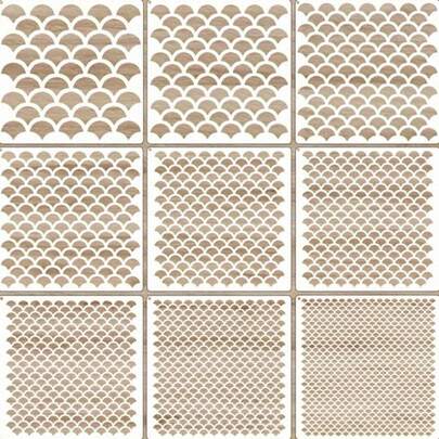 一套9个鱼鳞图案模板，尺寸为6x6英寸，可重复使用，可用于在织物、墙壁和脸上绘制鱼鳞图案。