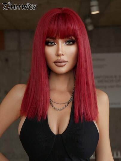 7JHH WIGS High Quality 16-Inch Shoulder Length Straight Wigs For Women - Elegant Beet Red Wigs With Bangs, Soft Silky Heat-Resistant Synthetic Fiber Hairpiece For Daily Wear, Costume Cosplay & Music Festival Use, Graduation Gift & Mother's Gift Wig Accessory