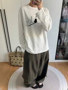 Soft Girl Style Cat Playing Guitar Print T-Shirt, Versatile Loose Fit Long Sleeve Layering Top For Women - White - View 2