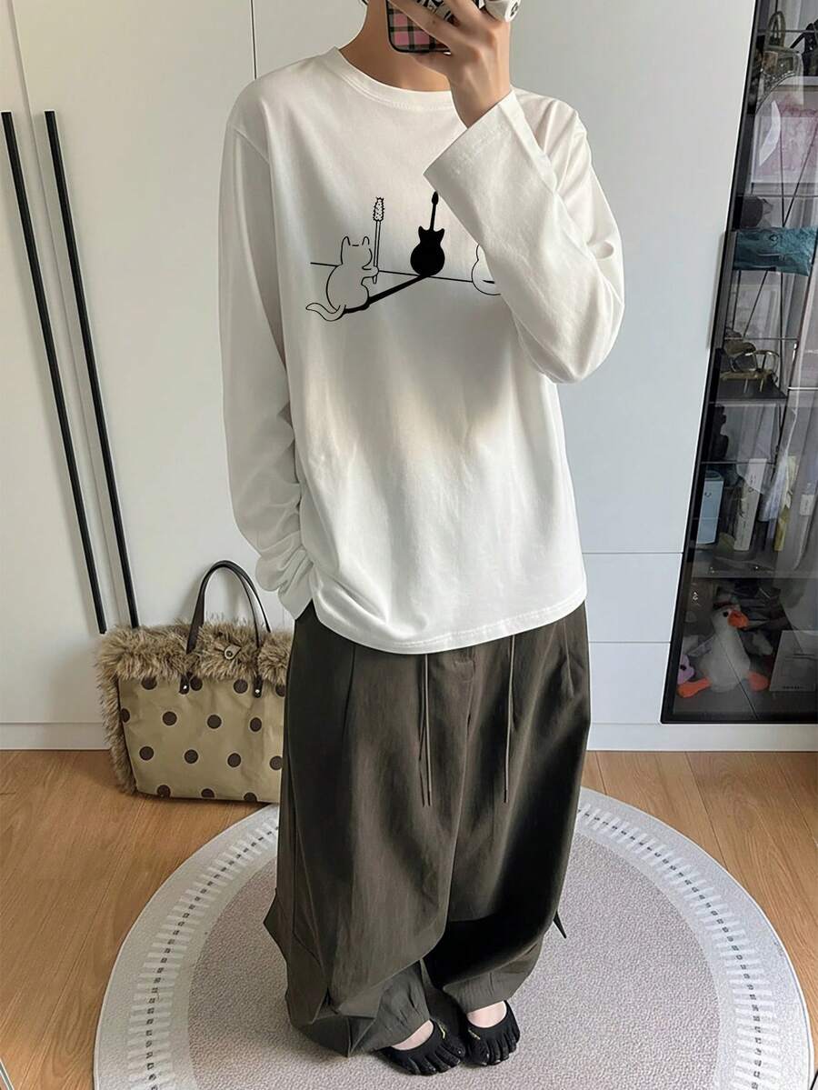 软妹风猫咪弹吉他印花T恤，百搭宽松长袖打底衫 - 白色 - 查看 1