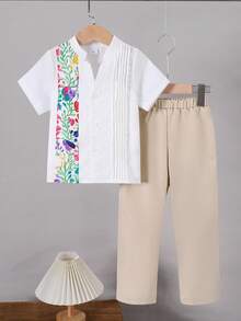 Purechapter 2pcs/Set Boys' Floral Patchwork V-Neck Button-Down Short Sleeve Shirt, Pleated Design, Khaki Elastic Waist Pants Suit, Suitable For 4-7 Years Old Boys Daily Casual, Outdoor Events, Creative Gift, Middle East Ramadan - White - View 1