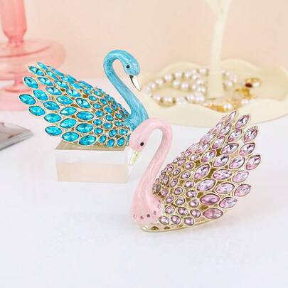 天鹅首饰盒（1个），珐琅工艺，可收纳戒指、耳环、项链、手链等首饰，水晶盒，蓝色天鹅首饰盒，金属装饰，小型收纳盒，创意情人节礼物