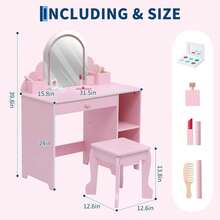 Tocador Infantil para Niñas con Espejo con Luz LED y Taburete, Mesa de Maquillaje con Brillo Ajustable, Cajón y Estantes de Almacenamiento, Regalo para Niñas de 3 a 9 Años - Rosa - Ver 2