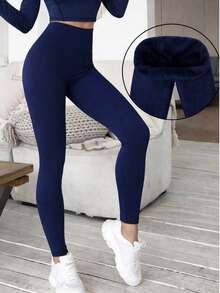 PLUSHY LEGGING PANTS, WOMEN'S FLANNELLED LEGGINGS WITH A WAIST, IDEAL FOR PILATES, GYM, GYM IN YOUR DAY TO DAY - 藏蓝色 - 查看 1
