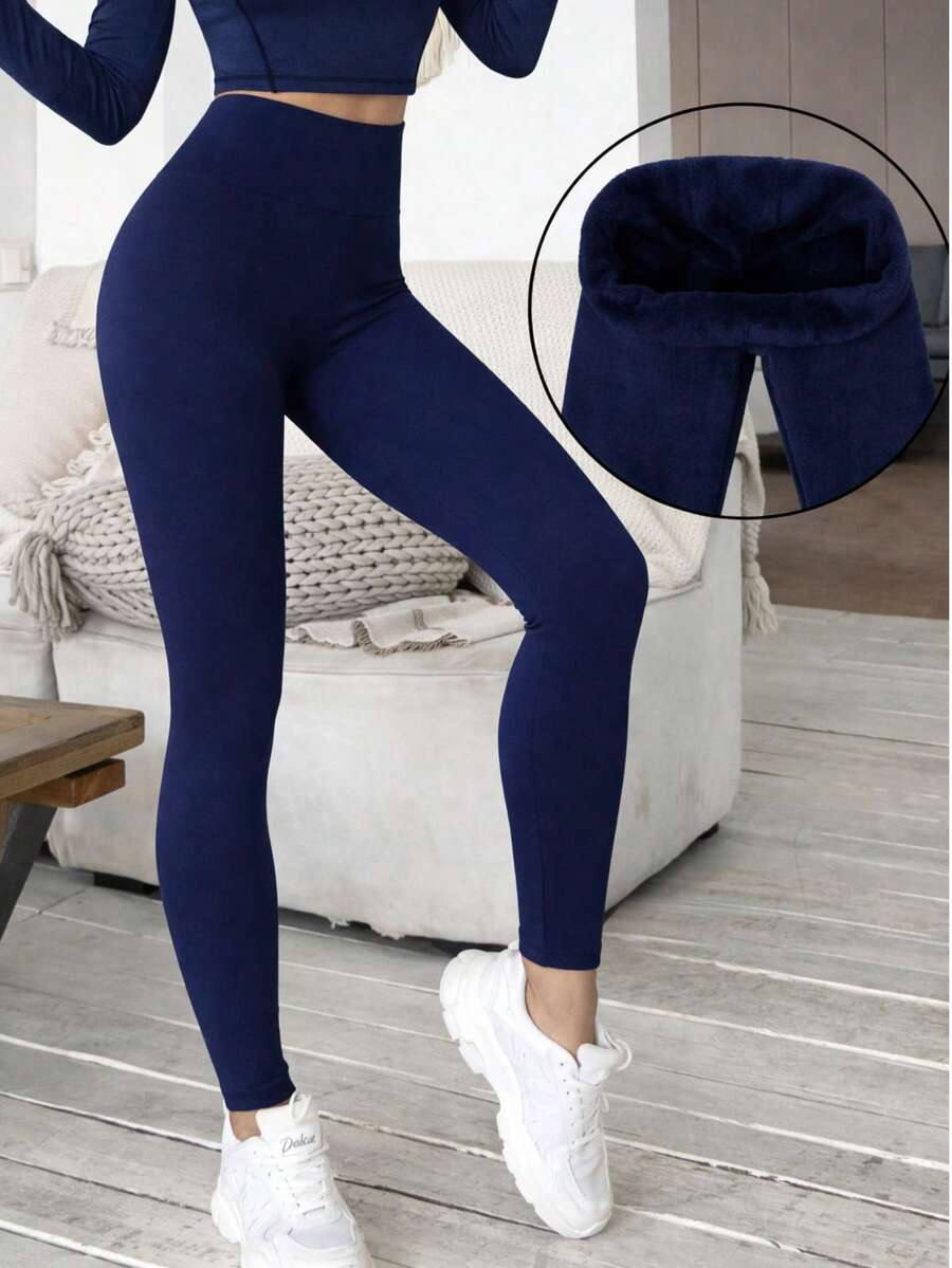 PLUSHY LEGGING PANTS, WOMEN'S FLANNELLED LEGGINGS WITH A WAIST, IDEAL FOR PILATES, GYM, GYM IN YOUR DAY TO DAY - 藏蓝色 - 查看 1