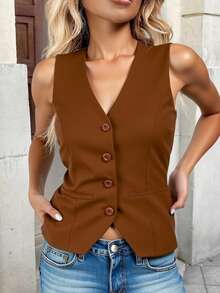 ZALLA Women's V-Neck Vest With Faux Pockets, Tailored Dress Shirt - 鏽棕色 - 查看 2