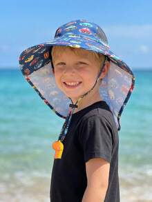 1pc Kids Car All-Over Print Wide Brim Sun Hat With Neck Flap, Breathable Mesh & Windproof Strap With Whistle - 1PC - View 6