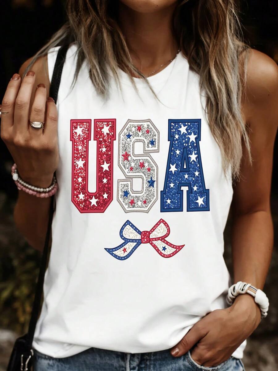 Women's Summer Fashion American Flag Print Sleeveless Top - White Patriotic Pattern Vest, Suitable For Outdoor, Casual, Fitness, Yoga, Running, Daily Wear - Machine Washable Casual Beachwear, Fun Pattern Vest, Medium Stretch Fabric - 白色 - 查看 1