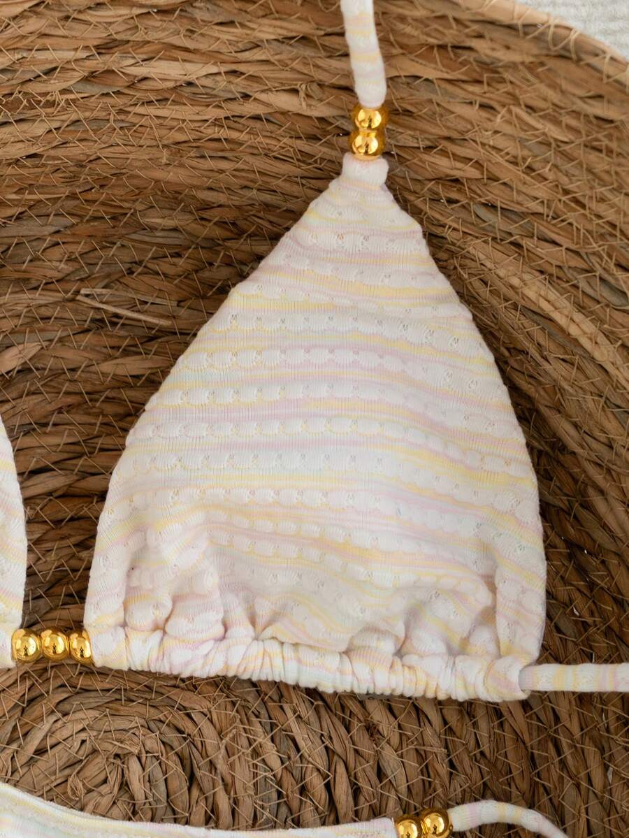 Mother's Day 1pc Elegant Colorful Striped Beaded Halter Bikini Set, Suitable For Summer Beach Vacation - Multicolor - View 1