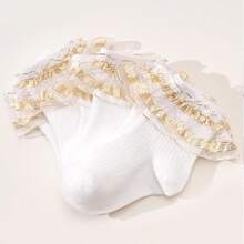 3双优雅金边蕾丝袜，公主袜，奢华高贵 - 金色 - 查看 13
