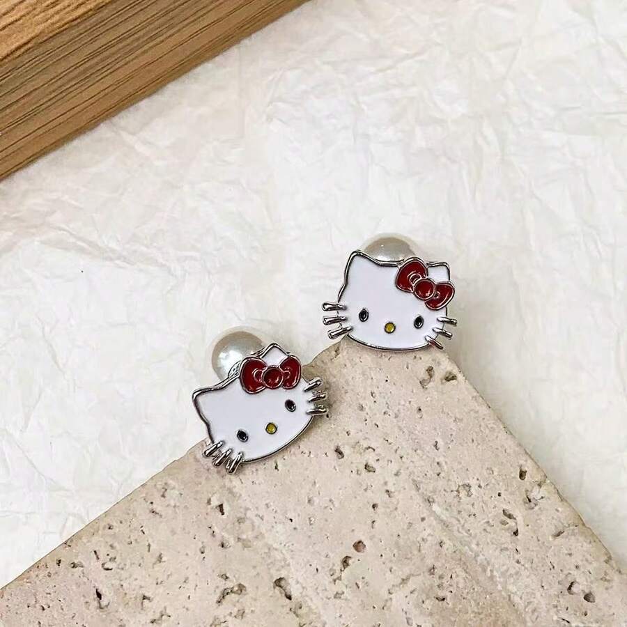 SANRIO 1对三丽鸥可爱卡通趣味Hello Kitty耳环，白色猫咪耳钉，百搭时尚，适合度假和日常佩戴，女孩款 - 白色 - 查看 1