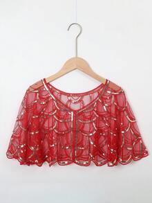 1pc Women's Sequin Decorated Shawl, Vintage Cheongsam Evening Dress Accessory, Lightweight Beaded Shrug - Multicolor - View 17