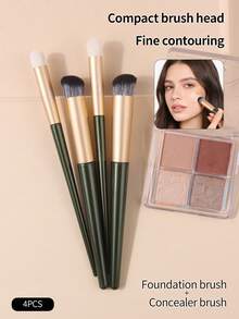 4pcs Professional Makeup Brush Set - Soft Concealer Brush, Foundation Brush, Blending Brush, Contour Brush, Versatile & Practical Beauty Tools For Precise Facial Contouring - Dark Green - View 2