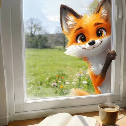 1/2片趣味卡通狐狸窗贴，可重复使用的PVC静电吸附动物贴纸，适用于装饰儿童房、浴室和客厅。艺术隐私膜。