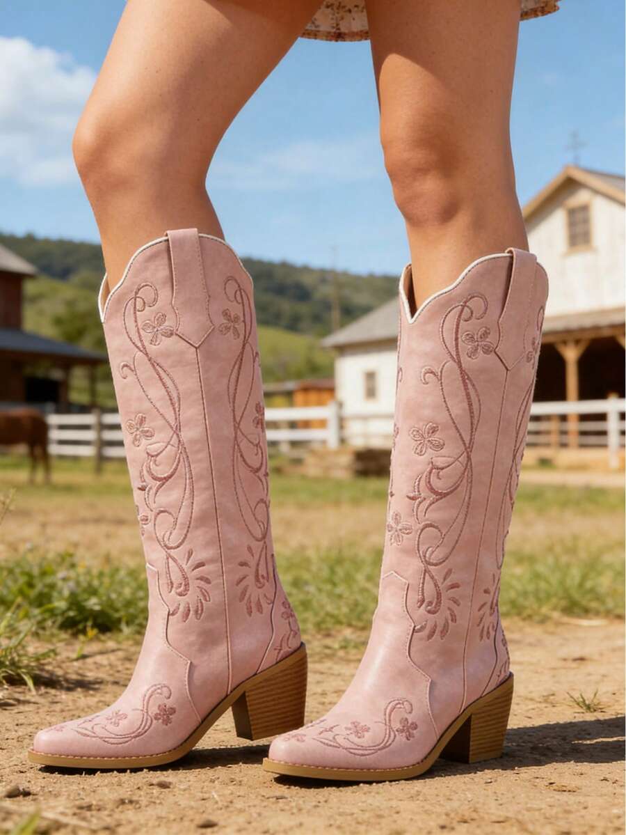 Cowboy Boots For Women Knee High Cowgirl Boots, Western Boots With Floral Embroidered Pointed Toe Chunky Heel Pull On Retro Vintage Classic Tall Boots For Ladies - 粉色 - 查看 1