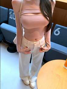 Hollow Out Off-Shoulder Long Sleeve Slim Fit Minimalist Fashion T-Shirt - Pink - View 7